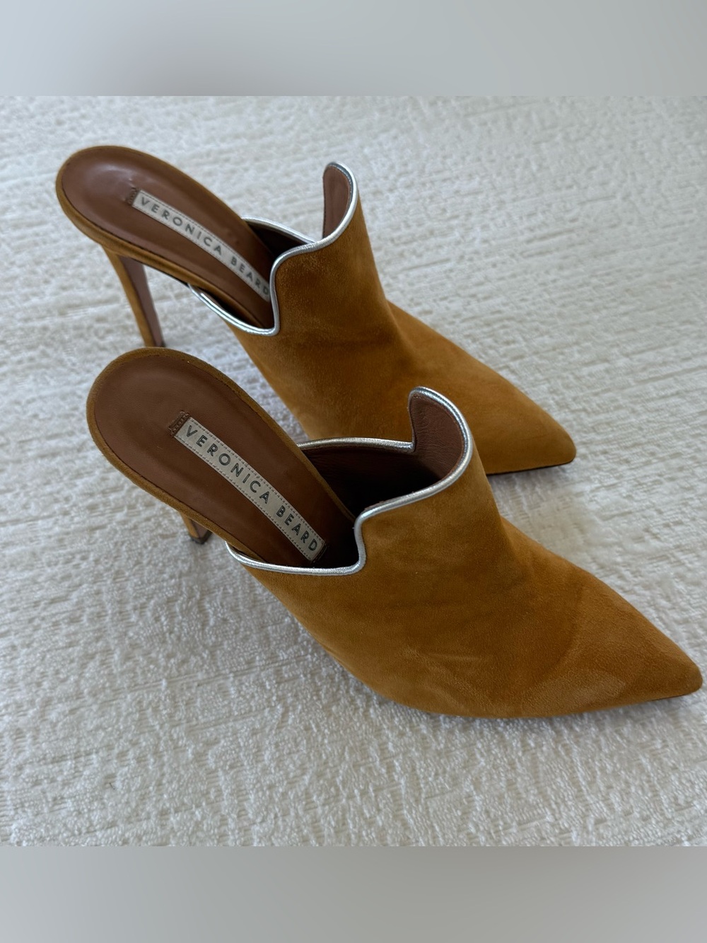 Veronica Beard Tan Suede Pointed-Toe Mule with Silver Trim